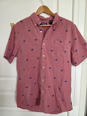 Chaps Men's Pink Short-Sleeve Button-Down Shirt with Navy Whale Print